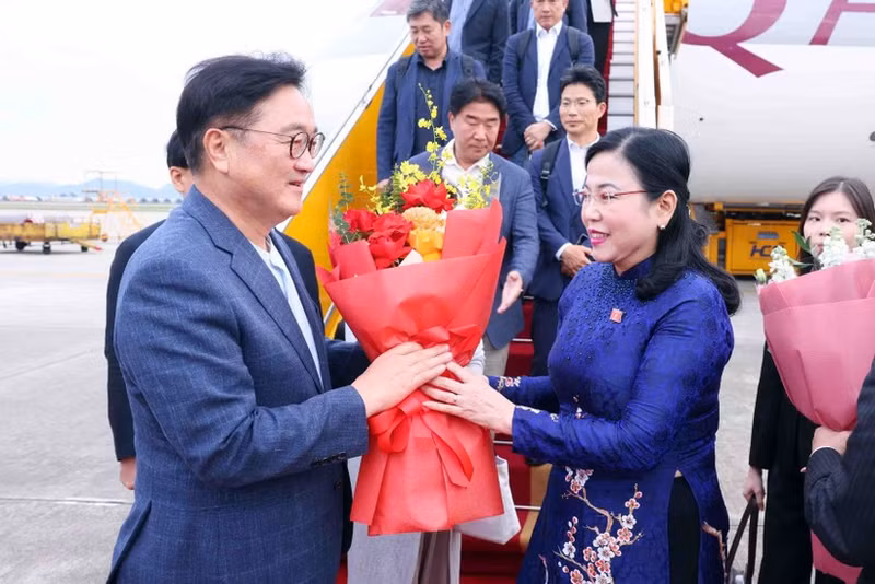 Nguyen Thanh Hai, jefa de la Comisión de Ciencia, Tecnología y Medio Ambiente de la Asamblea Nacional de Vietnam y presidenta del Grupo Parlamentario de Amistad Vietnam–Corea del Sur, recibe al presidente de la Asamblea Nacional de Corea del Sur, Woo Won Shik, en el Aeropuerto Internacional de Noi Bai. (Foto: VNA)