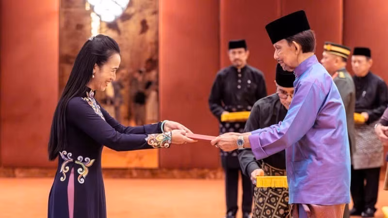 La embajadora de Vietnam en Brunéi, Do Thuy Duong, presenta sus cartas credenciales al sultán Hassanal Bolkiah. (Foto: Embajada de Vietnam en Brunéi)