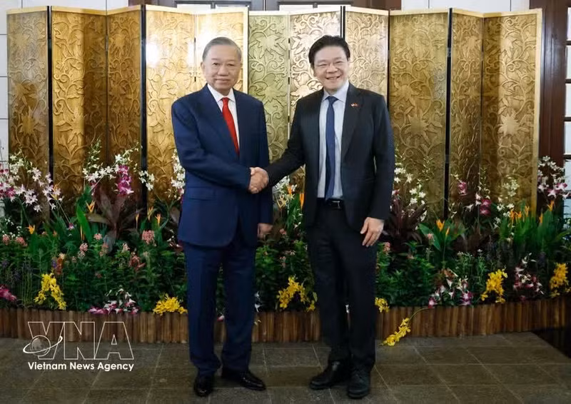 El secretario general del Partido Comunista de Vietnam y presidente del país, To Lam (izquierda), y el primer ministro singapurense, Lawrence Wong. (Foto: VNA)