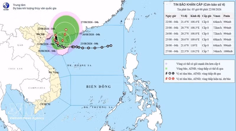 Trayectoria prevista del tifón Narra a las 7:00 del 22 de agosto. (Foto: Centro Nacional de Pronósticos Hidrometeorológicos de Vietnam)