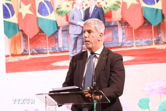 El viceministro de Relaciones Exteriores brasileño Laudemar Aguiar habla en la ceremonia. (Foto: Embajada de Vietnam en Brasil/VNA)