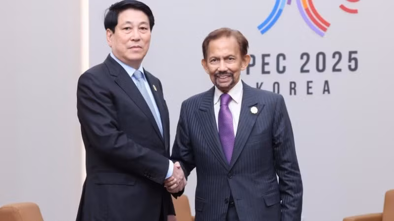 El presidente de Vietnam, Luong Cuong, y el sultán de Brunéi, Haji Hassanal Bolkiah, se reúnen durante la Cumbre de Líderes Económicos del Foro de Cooperación Económica Asia-Pacífico 2025, en Corea del Sur. (Foto: VNA)