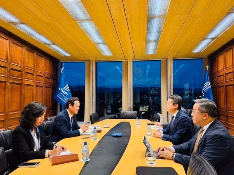 El embajador Mai Phan Dung, representante permanente de Vietnam ante las Naciones Unidas y otras organizaciones internacionales en Ginebra, en reunión con la Organización Mundial de la Propiedad Intelectual. (Foto: VNA)