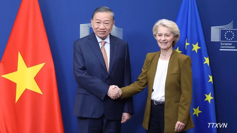 El secretario general del Partido Comunista y presidente de Vietnam, To Lam, se reúne con la presidenta de la Comisión Europea, Ursula von der Leyen. (Foto: VNA)
