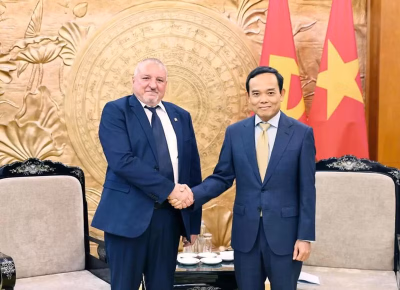 Tran Luu Quang (derecha), miembro del Secretariado del Comité Central del Partido Comunista de Vietnam y jefe de su Comisión de Políticas y Estrategias, y el presidente del Partido Socialista Húngaro, Komjáthi Imre. (Fotografía: VNA)