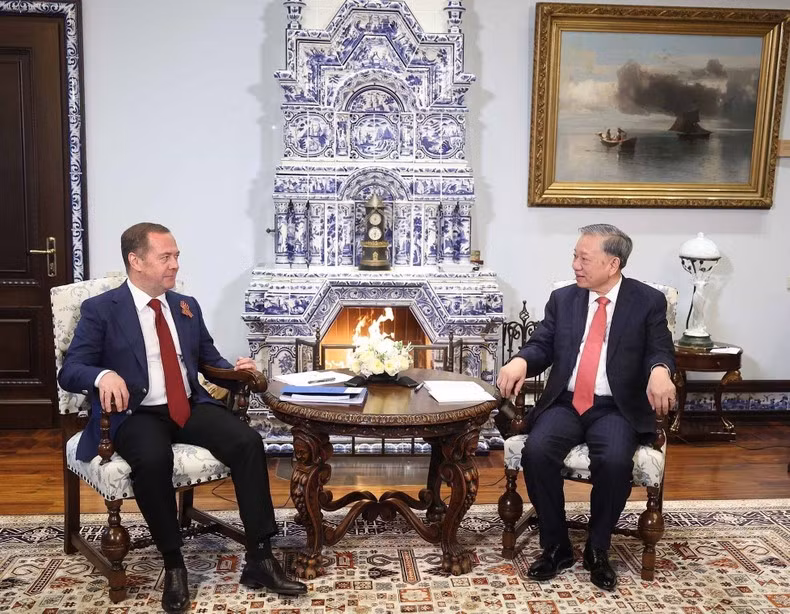 El líder partidista vietnamita y Dmitry Medvedev, presidente del partido Rusia Unida y vicepresidente del Consejo de Seguridad de la Federación de Rusia. (Foto: THONG NHAT/VNA)