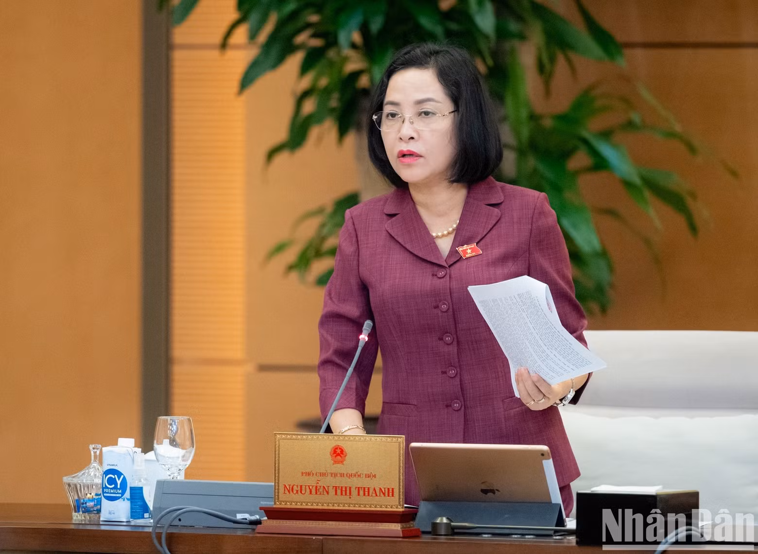 La vicepresidenta de la AN Nguyen Thi Thanh, interviene en la reunión.