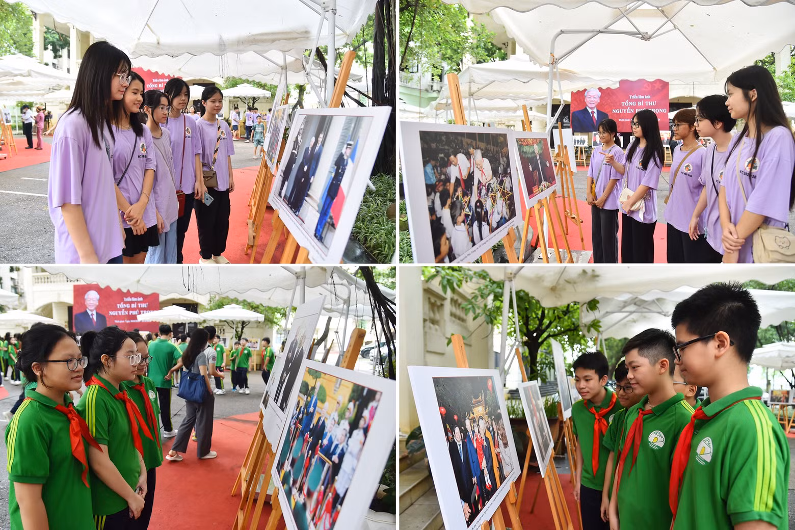 Un gran número de alumnos de la capital acuden a la sede del periódico Nhan Dan para visitar la exposición.