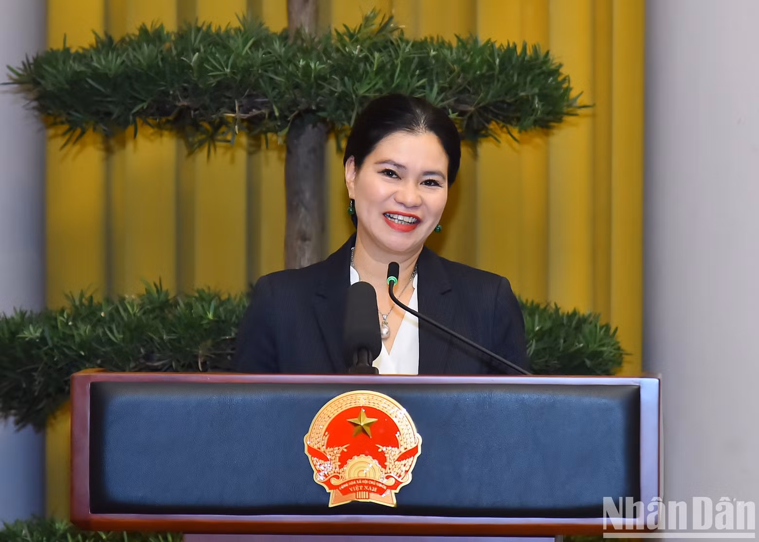 La jefa del Departamento de Asuntos Exteriores de la Oficina Presidencial, Nguyen Vu Ha Le, pronuncia un discurso.