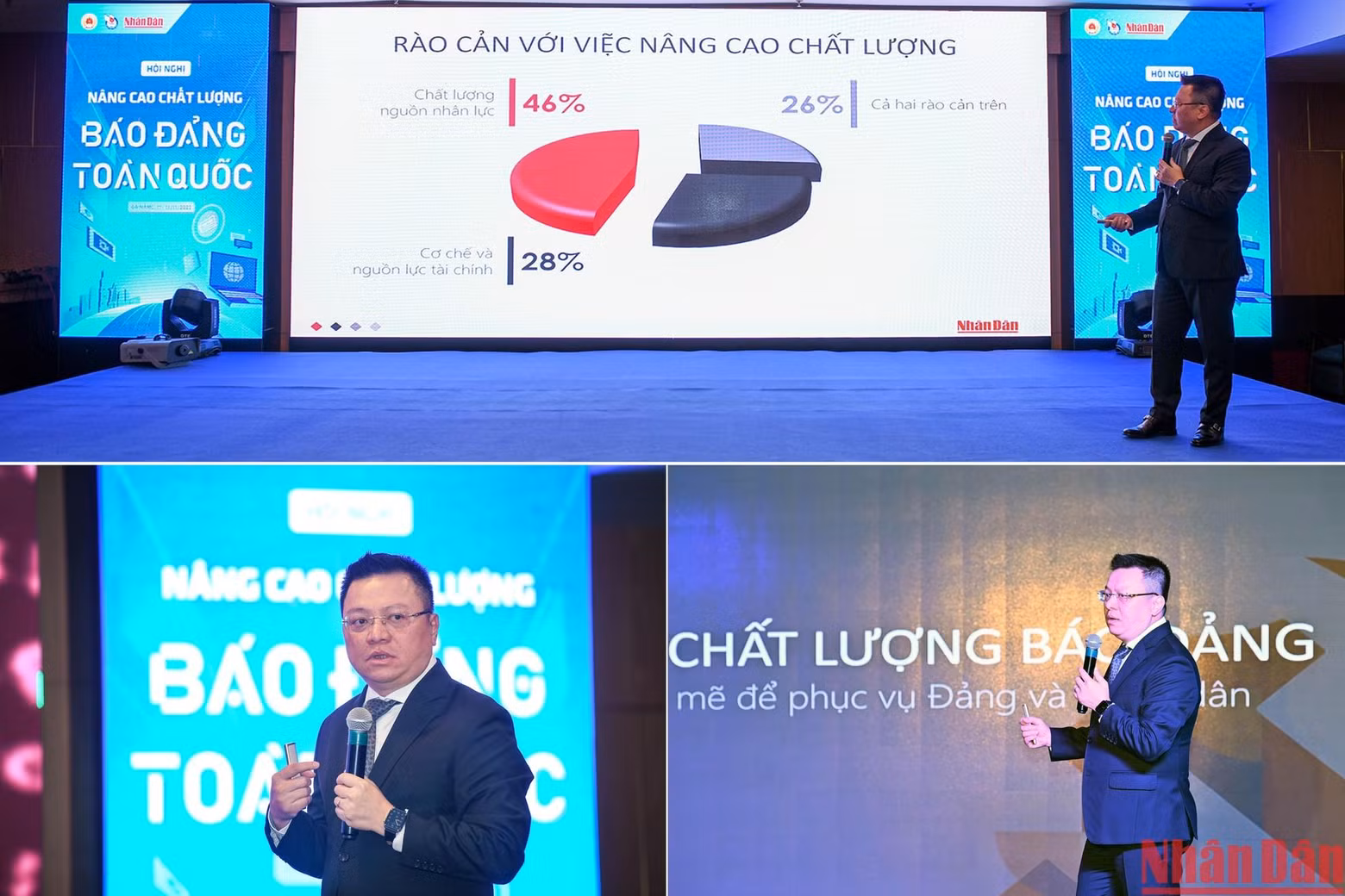 Le Quoc Minh, subjefe de la Comisión de Comunicación y Educación del Comité Central del PCV, presidente-editor del periódico Nhan Dan y titular de la Asociación de Periodistas del país, presenta su ponencia “Fuerte transformación para servir al Partido y al pueblo".