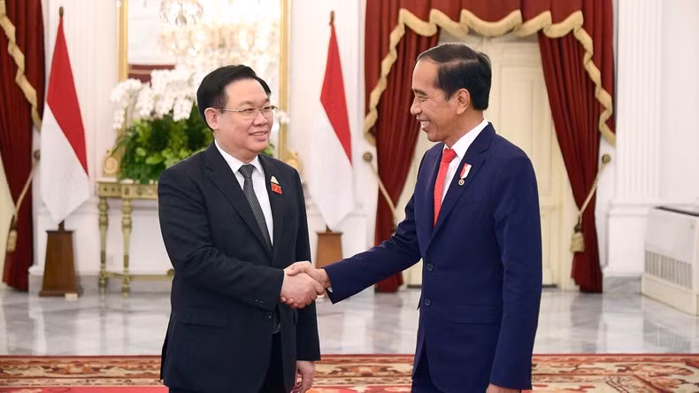 El titular del Parlamento de Vietnam, Vuong Dinh Hue (izquierda), y el presidente de Indonesia, Joko Widodo, en el encuentro.