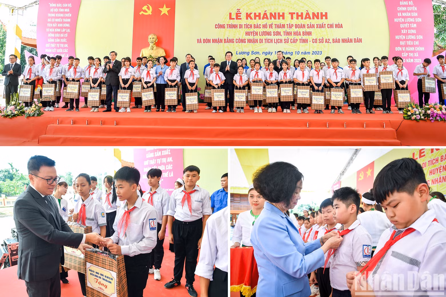 Thi Mai y otros delegados entregan la Insignia del Tío Ho a 65 estudiantes destacados del distrito de Luong Son.