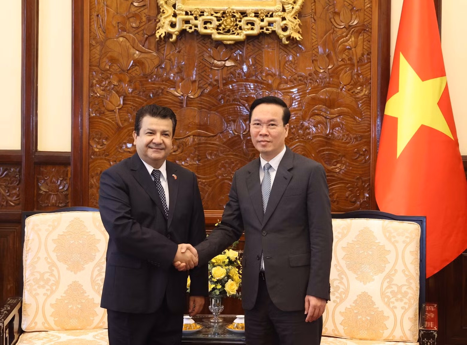 El presidente Vo Van Thuong recibe al embajador de Chile, Sergio Nerea Guzmán.