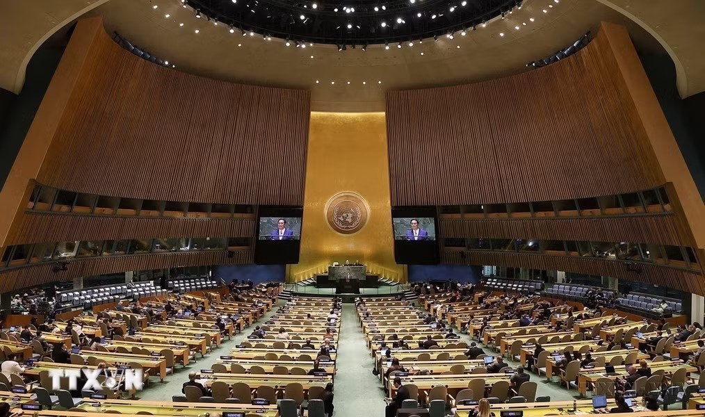 El primer ministro de Vietnam, Pham Minh Chinh, interviene en la sesión de debate general de alto nivel del 78 período de sesiones de la Asamblea General de las Naciones Unidas, celebrada en Nueva York, el 20 de septiembre de 2023.