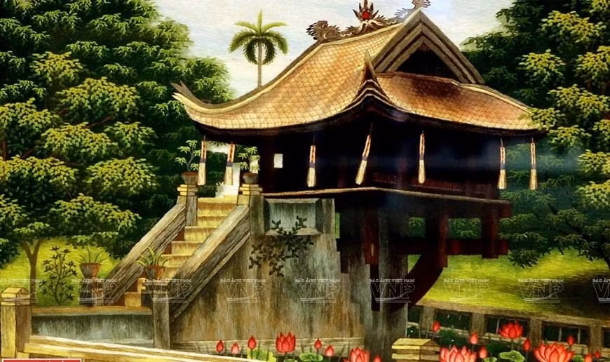 Pintura de bordado de artista de la aldea de Quat Dong.