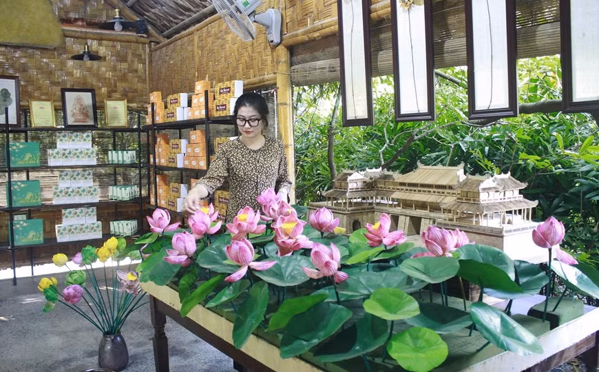 Los productos hechos de flor de loto se exhiben en la empresa de producción, exportación e importación y comercio de servicios de Hali (Ninh Binh). Los productos hechos de flor de loto se exhiben en la empresa de producción, exportación e importación y comercio de servicios de Hali (Ninh Binh).
