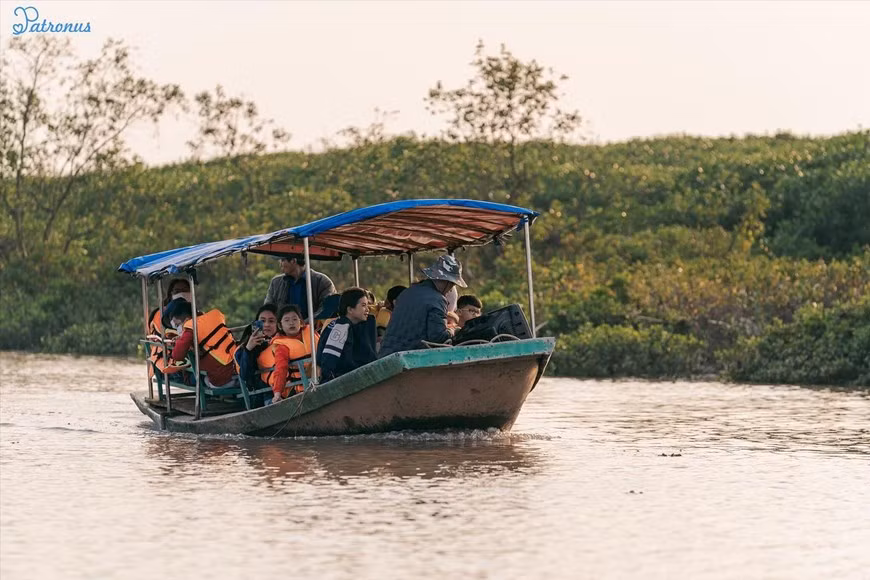 Turistas comparten un paseo en bote por el bosque de manglares.