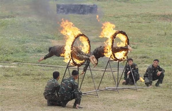 Soldados de la fuerza especial demuestran técnicas de entrenamiento y combate en el campo de entrenamiento. (Foto: VNA) Soldados de la fuerza especial demuestran técnicas de entrenamiento y combate en el campo de entrenamiento. (Foto: VNA)