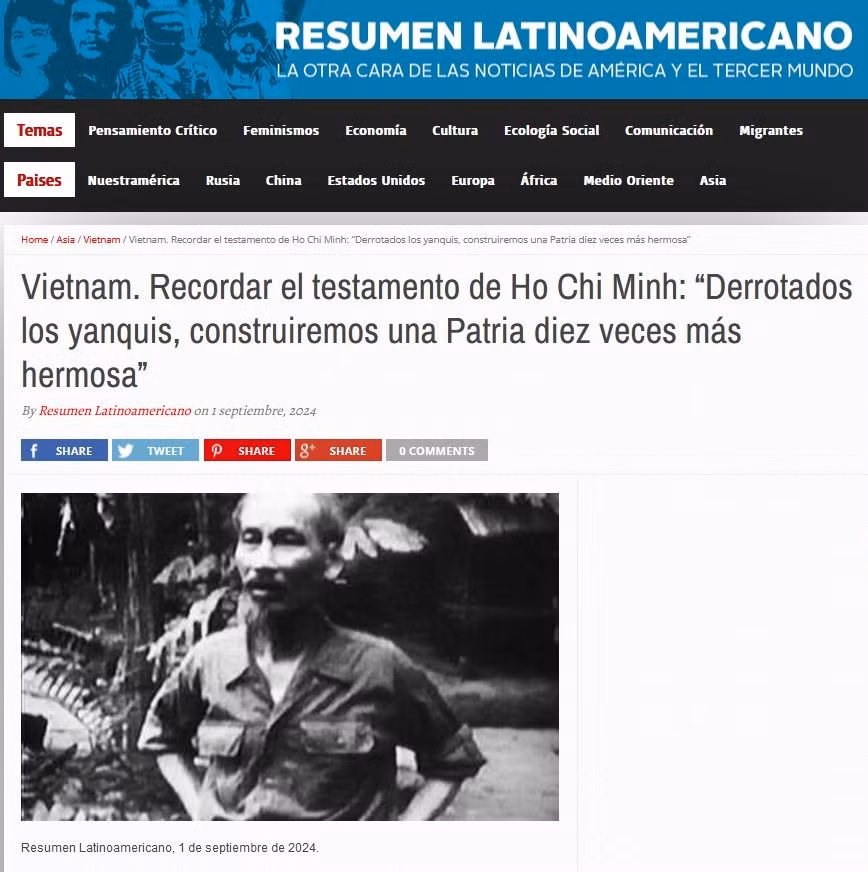 La página web argentina Resumen Latinoamericano publicó varios artículos sobre el presidente Ho Chi Minh, en conmemoración del 55 aniversario de puesta en práctica de su testamento. (Foto: VNA)