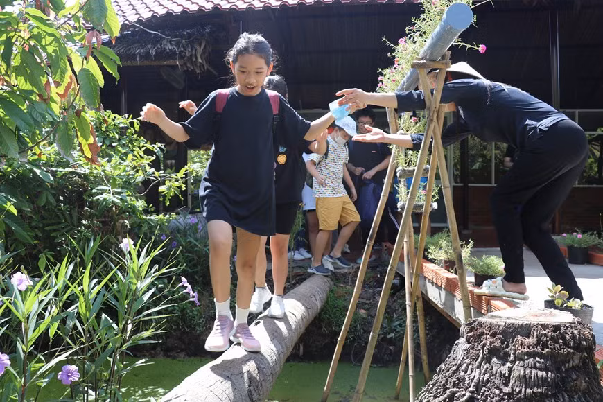 Jóvenes disfrutan de la experiencia de caminar sobre un puente de cocos en el huerto. Foto: VNA
