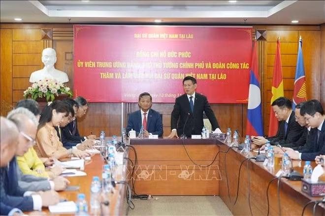 El viceprimer ministro Ho Duc Phoc habla en la embajada de Vietnam en Laos. (Foto: VNA)