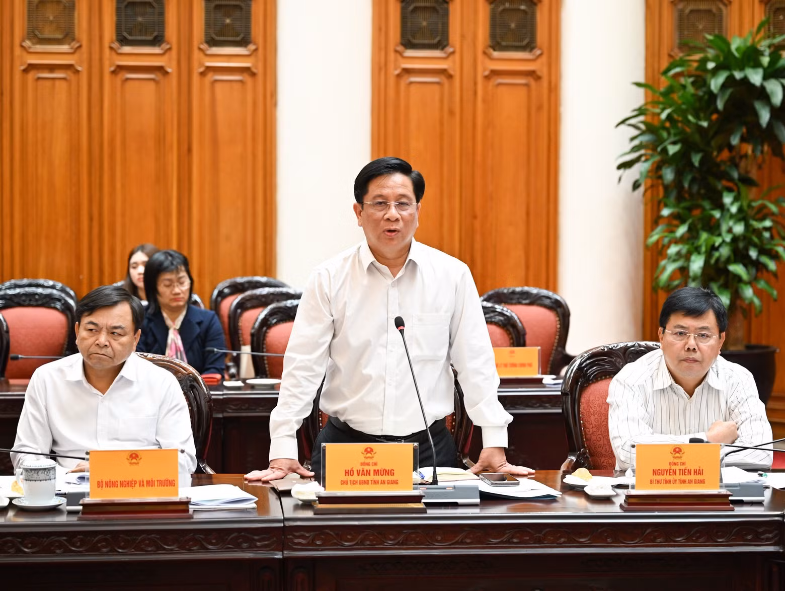 Ho Van Mung, presidente del Comité Popular de An Giang, interviene en la cita.