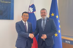 El embajador vietnamita en Austria, concurrente en Eslovenia, Vu Le Thai Hoang, y el ministro de Asuntos Exteriores y Europeos esloveno, Tone Kajzer. (Foto: VNA)