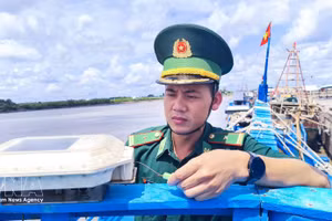 El mayor Phan Minh Vuong, jefe del Puesto de Control de la Guardia Fronteriza de Ganh Hao (dependiente de la Guardia Fronteriza de la provincia de Ca Mau), inspecciona el Sistema de Monitoreo de Buque (VMS) en un barco pesquero. (Foto: VNA)