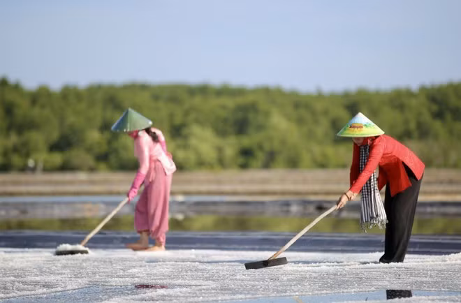 Los visitantes tienen la oportunidad de experimentar la producción de sal en Thieng Lieng. (Foto: VNA)