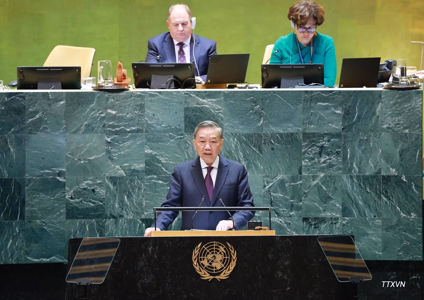 El secretario general del Partido Comunista y presidente de Vietnam, To Lam, interviene en el 79º Período de Sesiones de la Asamblea General de las Naciones Unidas, en septiembre de 2024. (Foto: VNA)