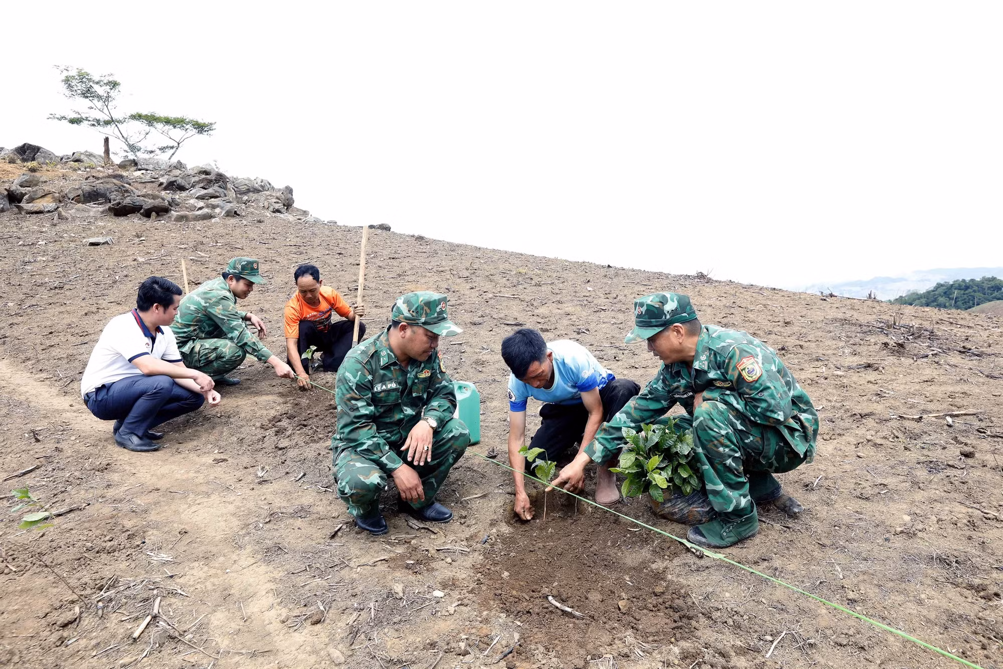 Oficiales de la guardia fronteriza de Chieng Tuong, adscrita al Mando de la Guardia Fronteriza de la norteña provincia vietnamita de Son La, enseñan una plantación de cafetos a pobladores de la aldea dMongnam, en la provincia laosiana de Houaphan. (Foto: VNA)