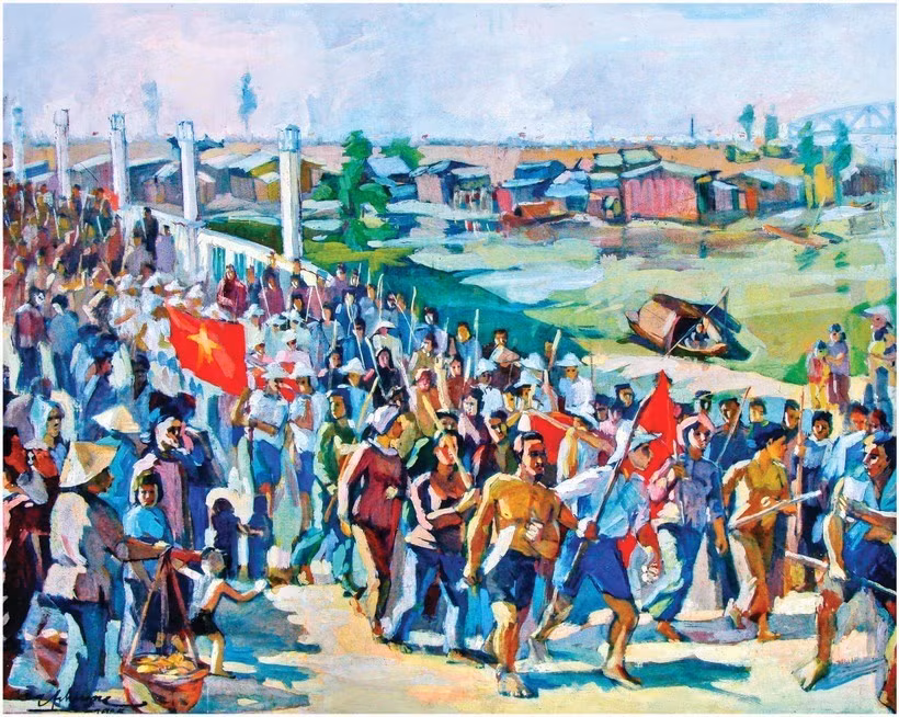 La obra “Tan An en agosto de 1945”, del artista Huu Phuong, inspirada en la narración del pintor Huynh Van Gam. (Foto: Vo Manh Hao)