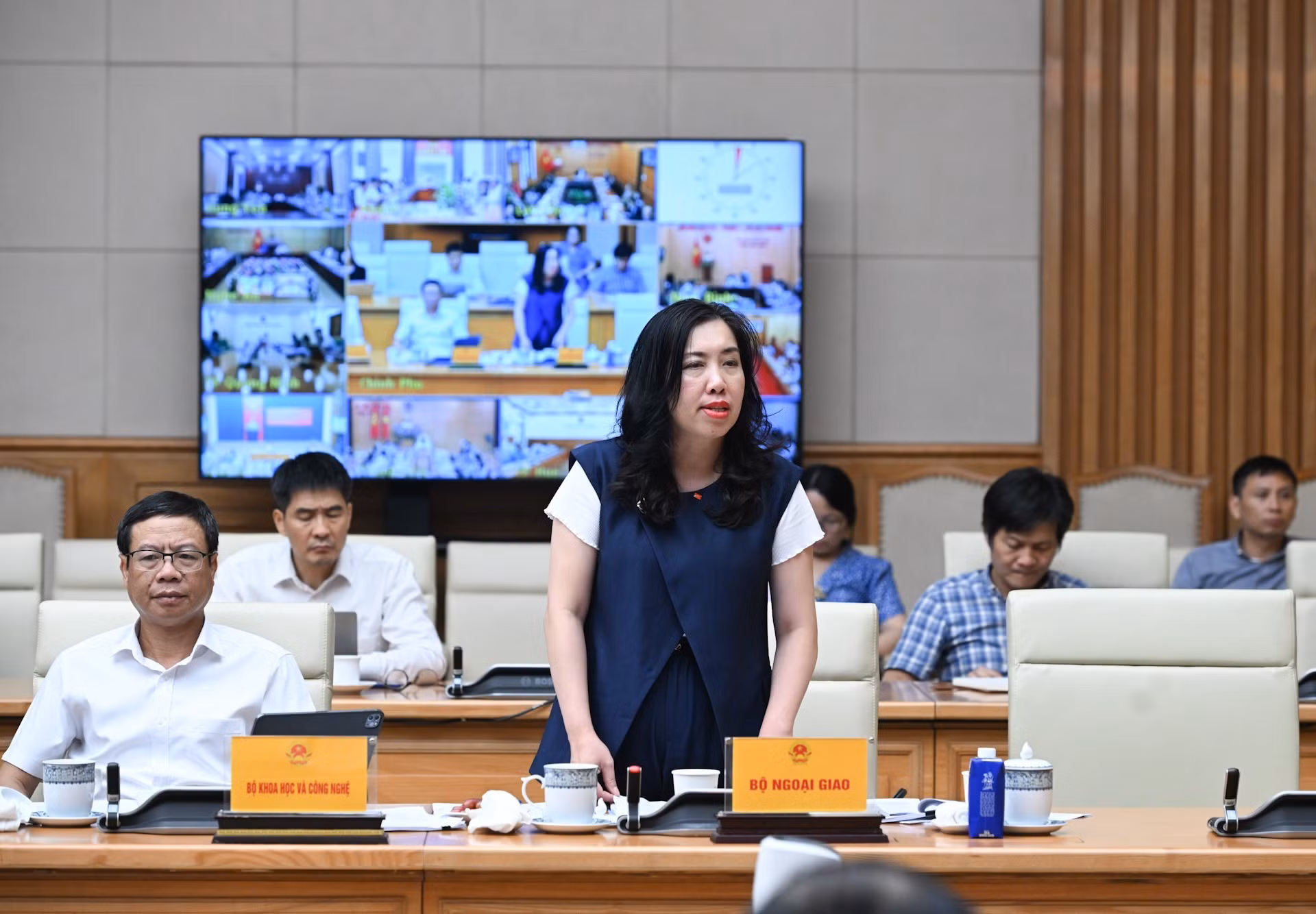 La viceministra de Relaciones Exteriores, Le Thi Thu Hang, hace uso de la palabra en la reunión.