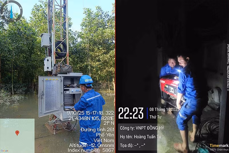 Miles de técnicos de VNPT siguen estacionados en las zonas inundadas, trabajando día y noche para solucionar los problemas con urgencia. (Foto: cand.com.vn)