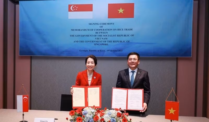 El ministro vietnamita de Industria y Comercio, Nguyen Hong Dien, y la ministra singapurense de Sostenibilidad y Medio Ambiente y encargada de las Relaciones Comerciales, Grace Fu, en la ceremonia de firma. (Fuente: VNA)