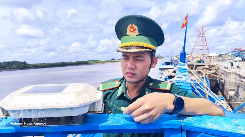 El mayor Phan Minh Vuong, jefe del Puesto de Control de la Guardia Fronteriza de Ganh Hao (dependiente de la Guardia Fronteriza de la provincia de Ca Mau), inspecciona el Sistema de Monitoreo de Buque (VMS) en un barco pesquero. (Foto: VNA)