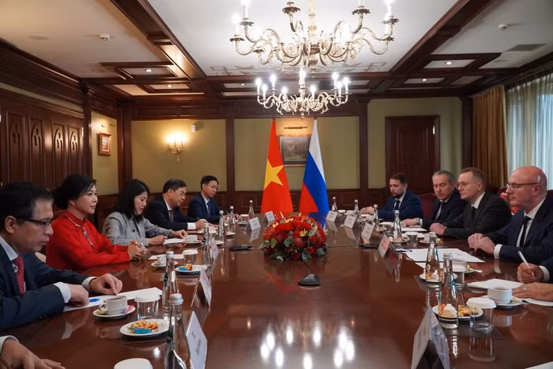 Ngo Phuong Ly, esposa del secretario general del Partido Comunista de Vietnam, se reúne con el viceprimer ministro de Rusia, Dmitry Chernyshenko. (Foto: VNA)