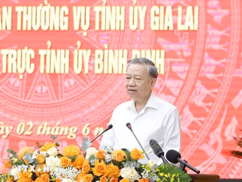 El secretario general del Partido Comunista de Vietnam (PCV), To Lam, interviene en la reunión. (Foto: VNA)